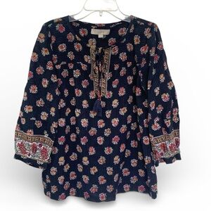 Loft Small Navy Blue Red Floral Tassel Tie Neck Boho Peasant Blouse